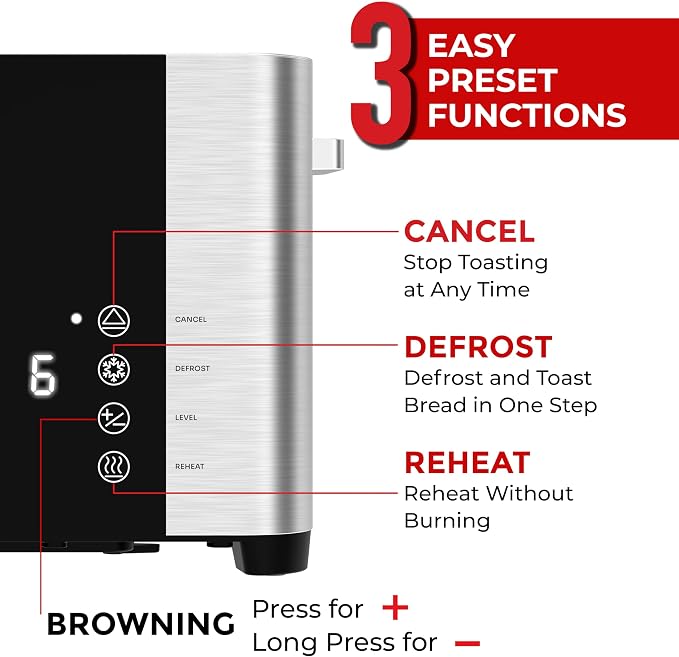 Mueller UltraToast Stainless Steel Toaster 4 Slice – Extra-Wide 1.6" Slots | For Artisan Bread, Bagels & Frozen Waffles, 6 Browning Levels, LED Display, Cancel/Defrost/Reheat, Removable Crumb Tray
