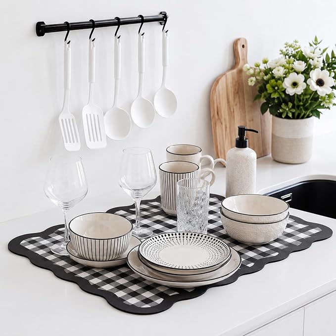 Black and White Scalloped Gingham Coffee Mat 12" x 20" | Absorbent Bar Mat Gingham Espresso Matt with Non Slip Rubber Backing for Coffee Countertops