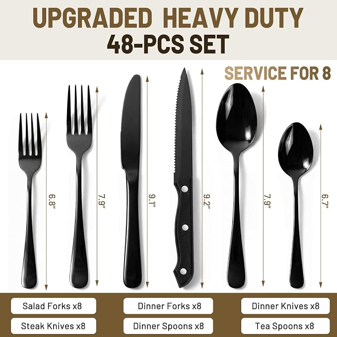 48 PCS NO-FADING Black Silverware Set with Steak Knives - KIKCOIN Food-Grade Stainless Steel Flatware Set for 8 - Mirror Polished Cutlery Set, Titanium Black Finish, Rust Resistant & Dishwasher Safe