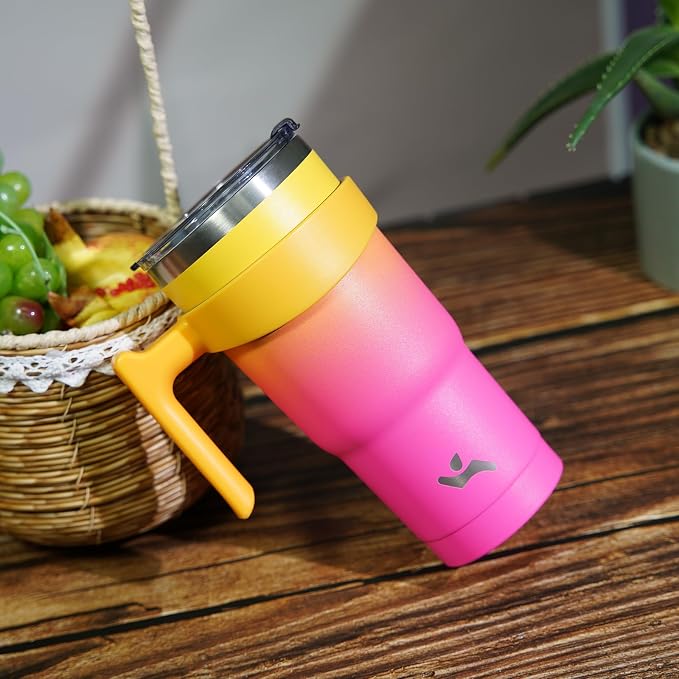 Konokyo 30 oz Tumbler with Handle and Straw, Insulated Travel Mug | Rainbow; BPA-free, leak-proof tumbler with 2 lids, 2 straws, cup holder fit for coffee, office, travel & daily use