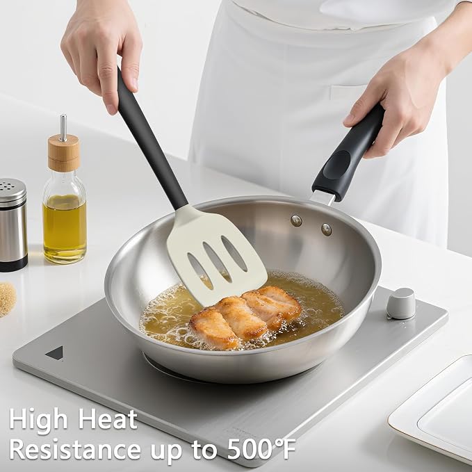 Coukre 3 Pack Silicone Spatula Set, Heat Resistant to 500°F, BPA-Free | Fish Spatula, Solid & Slotted Turners, Dishwasher Safe, Spatula Set for Eggs, Pancakes, Fish & Burgers, BeigeBlack