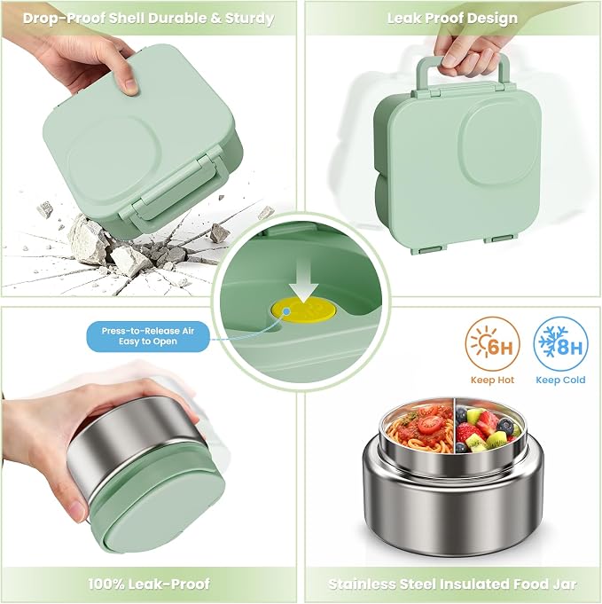 wiwens Kids Bento Lunch Box with Soup Thermo Food Lunch Container for Kid | 4 Compartment Leak-Proof Kids Lunch Box,9oz Stainless Steel Insulated Hot Food Jar,for Boys Girls Toddler to School Travel