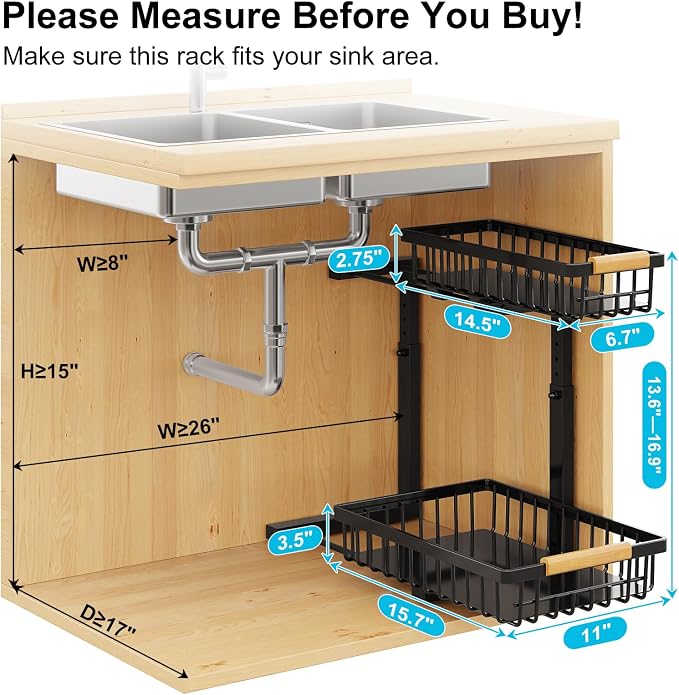 Under Sink Organizer 2 Pack, Adjustable Height 2-Tier Pull Out Cabinet Organizers, Heavy Duty Metal Slide Out Drawers, Under the Sink Organization and Storage Shelf for Kitchen Bathroom Pantry, Black