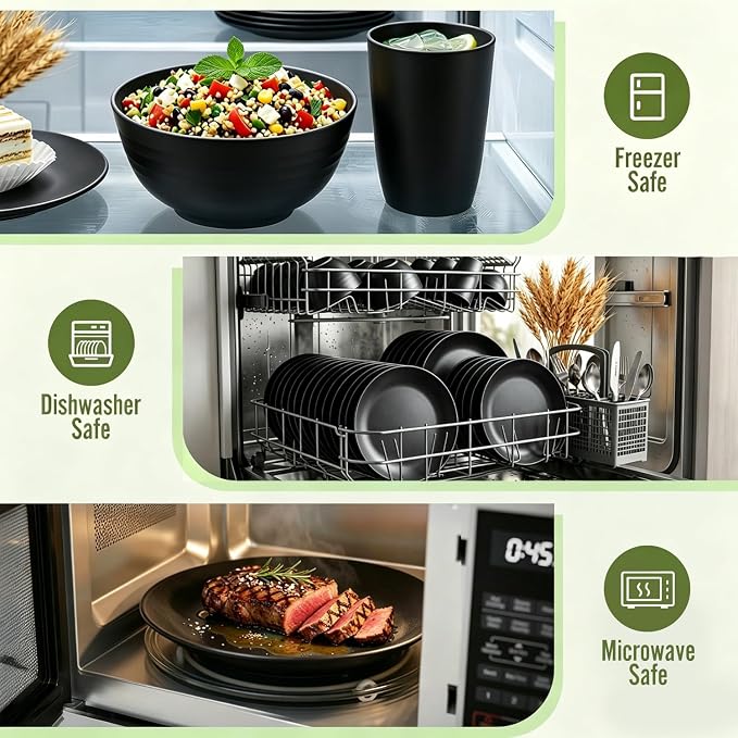 Kitchen Wheat Straw Dinnerware Set 40 PCS Dishes Sets for 8 Plastic Plates Reusable Dinner Plates Cereal Bowls Small Cups Dishwasher & Microwave Safe Unbreakable Dish Set for Picnic RV-Black