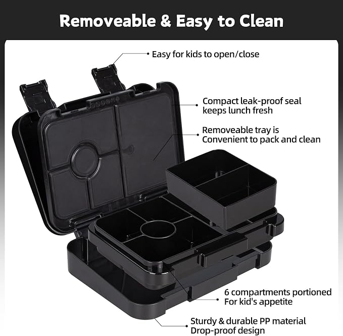 Bento Lunch Box for Kids, 5/6 Compartments, 3 Cups, Black | 5/6 Compartments, 3 Cups, BPA Free, Dishwasher Safe, for Kids, Back to School, On-the-Go Meal, Ages 3+, School