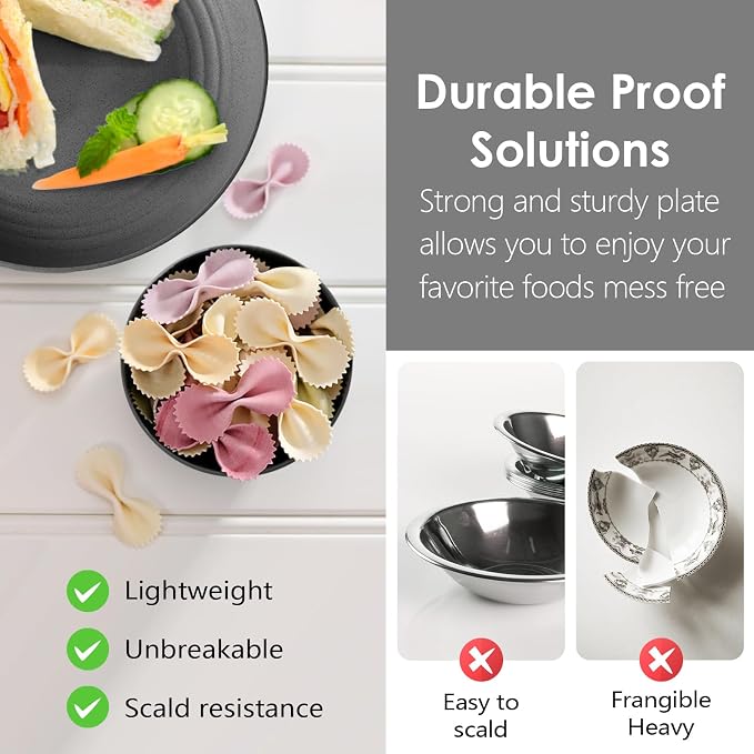 Teivio 32-Piece Plates and Bowls Sets for 8, Gray Matte Dinnerware Sets | 13.5oz Cups, Plastic Wheat Straw Unbreakable Dish Set, Dishwasher Safe, for Outdoor Camping RV Apartment Essentials Plate Set