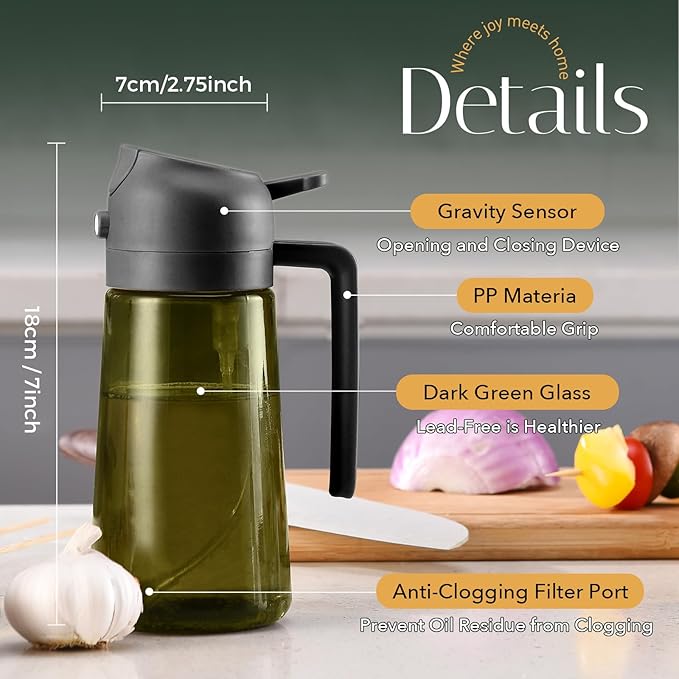 YARRAMATE 16 oz Dark Glass Olive Oil Sprayer & Dispenser, 2-in-1, Black | Light-blocking dark green glass, food-grade spray and pour bottle for cooking, air fryer, salad and BBQ