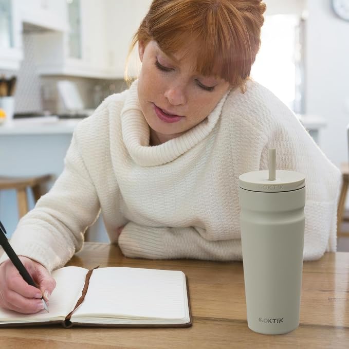 COKTIK 24oz Insulated Tumbler with Lid and Straw Iced Coffee Cup Reusable Stainless Steel Travel Mug Water Bottle Cupholder Friendly for Women Men Her Him (Almond Birch)