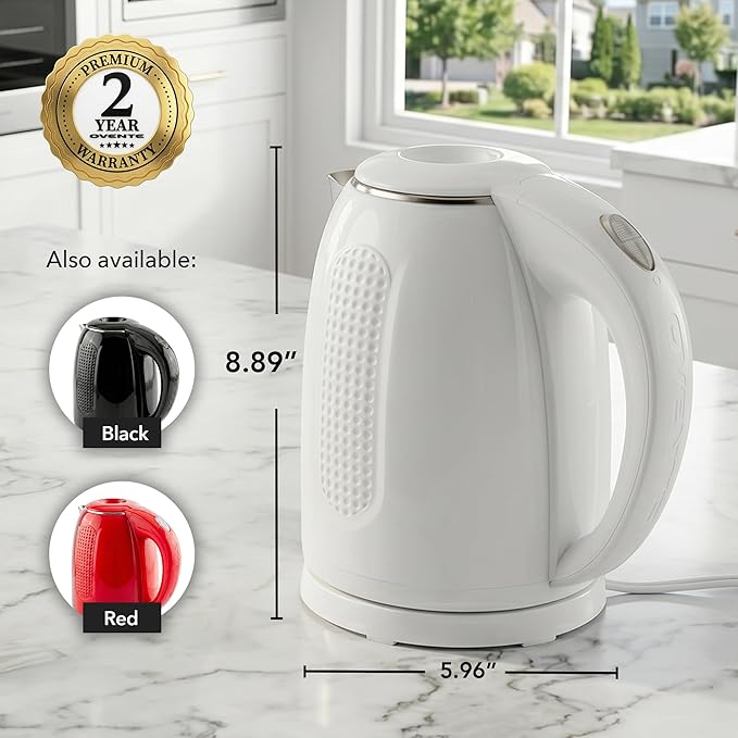 OVENTE 1.7L Double Wall Electric Tea Kettle, 1100W Power, White KD64W | Water Boiler with Cool-Touch Exterior, Stainless Steel Interior, Auto Shut-Off, Boil-Dry Protection & Locking Lid, Easy Clean
