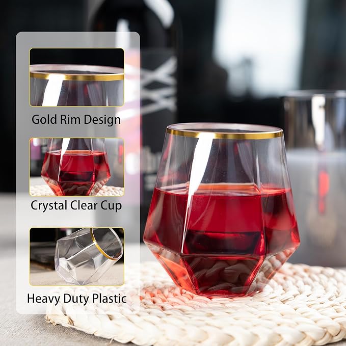 Lullaby 40PCS 12Oz Stemless Plastic Wine Glasses Gold Rim, Diamond Design | Clear Disposable Wine Cups for Champagne Whiskey Cocktail, Perfect for Parties, Weddings and Daily Use