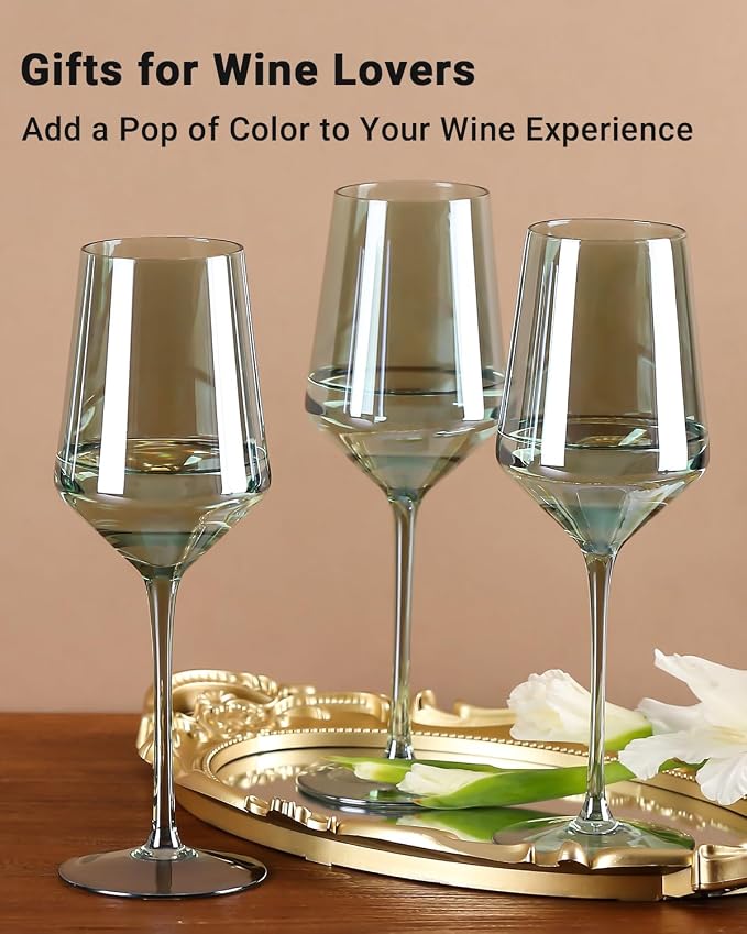 comfit Green Wine Glasses Set of 6-15 oz Hand-blown Crystal Long Stem Wine Glasses - Green Glassware, Mother's Day, Wedding, Birthday Gifts