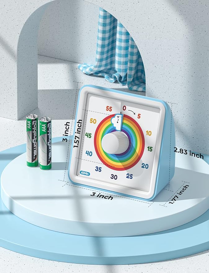 LIORQUE Visual Timer for Kids, 60 Minute Rainbow Countdown Timer, Blue | Non-Ticking, 3 Volume Levels with Mute Function, Timer for Kitchen Cooking Classroom ADHD, 2 AAA Batteries Included