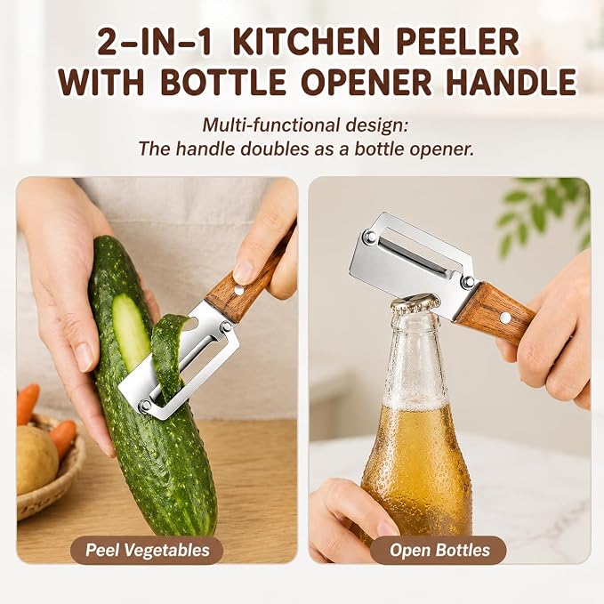 2-Pack Right-Hand Vegetable Peeler with Bottle Opener, Thickened Stainless Steel Wide Blade for Smooth Peeling, Wooden Handle Kitchen Peeler for Fruits & Vegetables