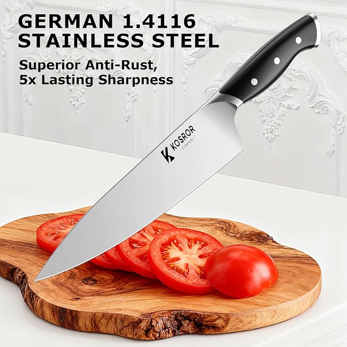 Kitchen Knife Set with Block & Dual Sharpener 15pc German Steel | Black full-tang ergo handle，For beginners. Dishwasher safe,easy to use，Covers 95% kitchen tasks，Gift box included
