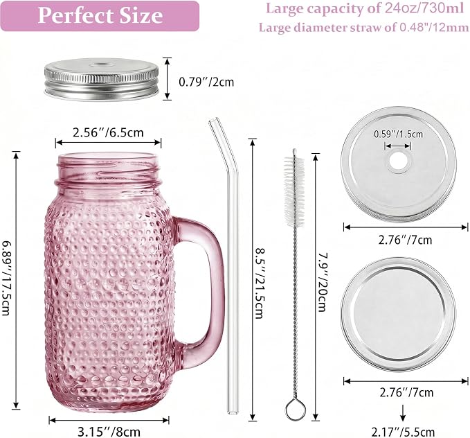DaYammi 6 Pack 24oz Hobnail Mason Jars Cups Drinking Glass Cups with Lids & Straws, Pink Wide Mouth Mason Jars Cups with Handle, Tumblers for Coffee Smoothies, Iced Tea, Juice, Beer, Cocktail, Whiskey