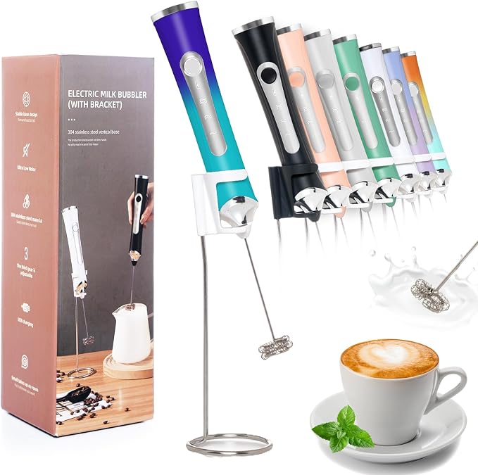 Rechargeable Milk Frother Handheld For Coffee,3 Speeds Frother Wand With Stand, Batidora De Mano Electrica,Coffee Frother With 2 Heads,Drink Mixer Electric Handheld,Kitchen Essentials (Colorful 2)