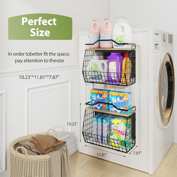Wawocs Magnetic Shelf for Fridge with Wood Lid, 2 Tier Fruit Baskets Wall Mounted Hanging Basket with 4 Hanger Hooks, Potato and Onion Magnetic Storage Bins for Kitchen Counter, Refrigerator, Cabinet