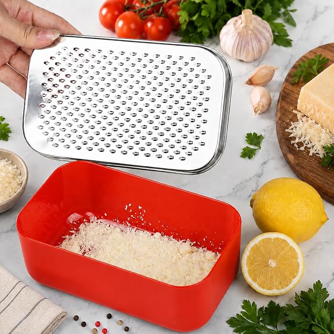 Cheese Grater with Storage Container, Box Grater Stainless Steel for Vegetables, Cheese Shredder 2 Sharp Blades for Fine & Coarse, Non-Slip Base, Lemon Zester, Includes Cleaning Brush(Red)
