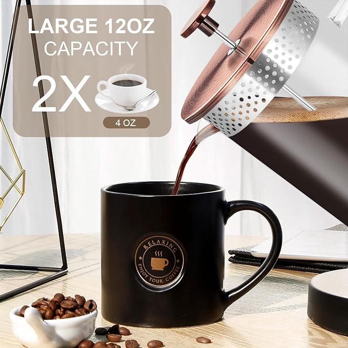 Mini French Press Coffee Maker-304 Stainless Steel Grilles, Borosilicate Glass Small Coffee Press,Non-slip Silicone Base-12 oz /350 ml with 2 Filter Screen-2 Cup Teapot