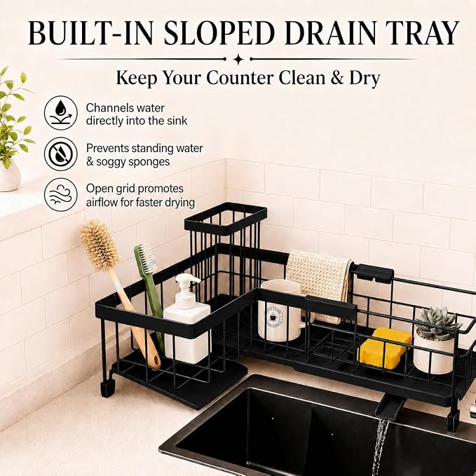 Extendable Corner Sink Sponge Holder, Quick-Drain Caddy for Kitchen Sink, Black