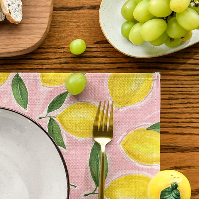 Artoid Mode Pink Lemon Flower Floral Summer Placemats Set of 4,12x18 Inch Seasonal Spring Table Mats for Party Kitchen Dining Decoration