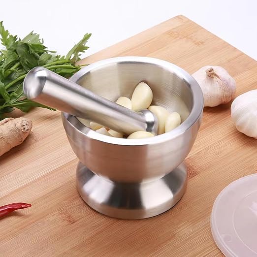 Large Stainless Steel Mortar and Pestle with Lid, Spice Grinder | Big Capacity, Herb Grinder, Seasoning Blender, Pesto Maker, Guacamole Bowl, Kitchen Prep, Daily Use, Easy Cleaning