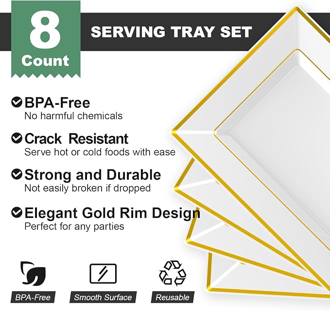 FOCUSLINE 8 PCS Plastic Serving Trays for Party, White Gold Rim Platters | Durable Construction, Elegant Appearance, Disposable and Reusable, Ideal for Parties, Weddings, Catering, Desserts