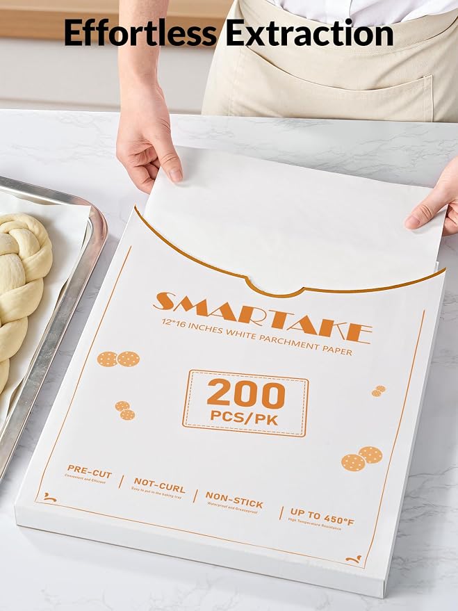 SMARTAKE 200 Pcs White Parchment Paper Sheets, 12x16 Inches, Non-Stick | Pre-Cut Greaseproof Baking Paper, Pure Wood Pulp, Oven Safe up to 450°F, for Cooking, Grilling, Frying, Steaming, Wrapping