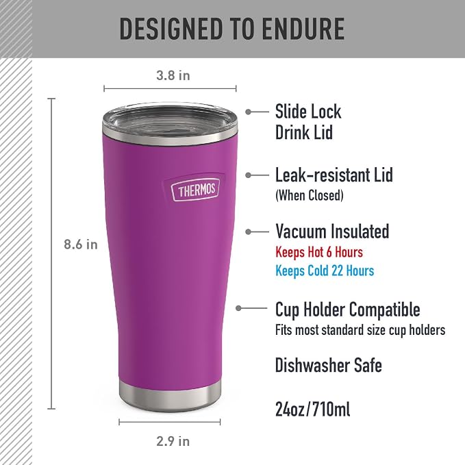 THERMOS Icon Series 24oz Stainless Steel Tumbler with Slide Lock Lid, Leakproof, Fits Cupholder, Dishwasher Safe, Griptec™ Non‑Slip Base, Keeps Drinks Hot 6 Hrs/Cold 22 Hrs, Plum