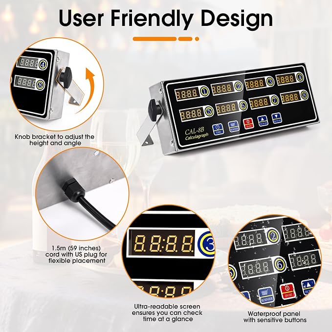 8-Channel Kitchen Timers for Cooking, Commercial Digital Timer with Independent Countdown Timers, Adjustable Volume, Stainless Steel Cooking Timer for Food Fryer, Restaurants, Baking