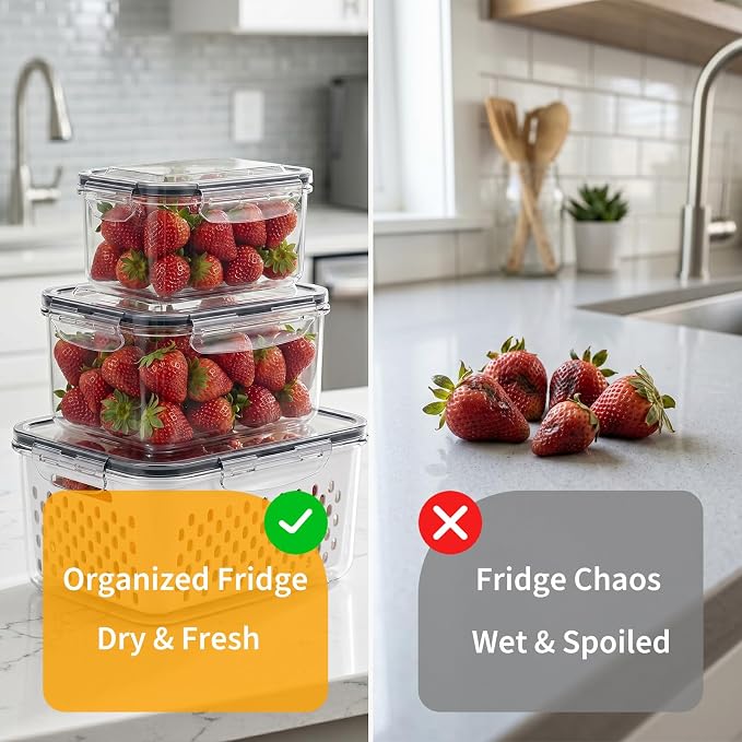 Runhike Strawberry Container Fruit Storage Containers for Fridge 3 PCS | Strawberry Basket Produce Storage Containers for Fridge, Fridge Organizers to Keep Blueberry Grape and Fruit Fresh Longer