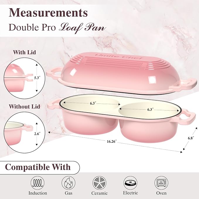 Umite Chef Dutch Oven for Sourdough Bread Baking – Enamelled Cast Iron Bread Loaf Pot – 500°F Oven Safe– Double Round Loaf Space, 16.5“ Diameter, 5" Banneton Proofing Baskets & Cotton Potholders(Pink)