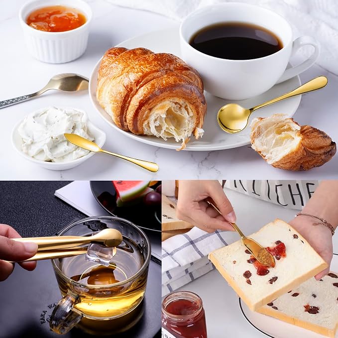 12 PCS Stainless Steel Serving Utensils, Large Spoons Slotted Spoons Forks Tongs, Ice Suger Tongs, Pie Server, Butter Knife, Coffee Spoons, Great for Buffet Catering Banquet Party, Gold