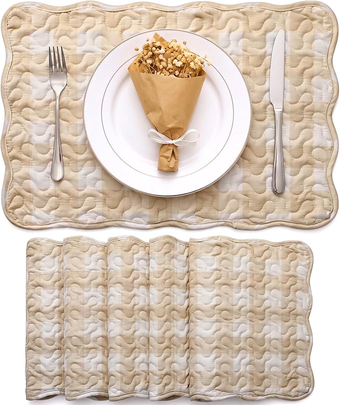 Quilted Placemats Set of 6, 18" x 13" Large Scalloped Cotton Placemat Washable Cloth Flowers Table Mats for Summer Party Kitchen Dining Farmhouse Cottagecore Decor(Gingham Milkshake Tan)