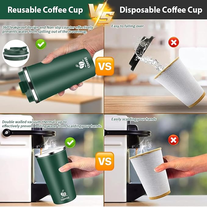 Insulated Travel Coffee Mug Reusable Coffee Tumbler Cup with Flip Lid Leak Proof Spill Proof for Office School Party Camping Hot and Cold Drink,Stainless Steel 17oz (Dark Green)