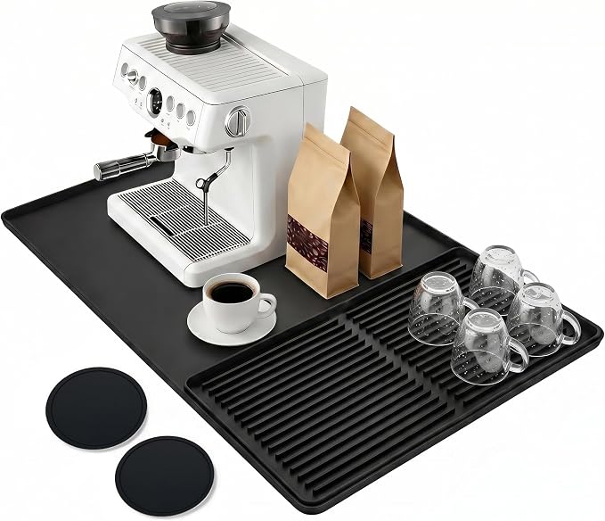 Mrcrypos Silicone Coffee Station Mat with Rasied Edges 16x24 Inch, Black | Anti-Slip, Heat-Resistant, Spill-Proof, Bar Mat for Most Countertop & Espresso Machines, under Coffee Maker/Dish Rack
