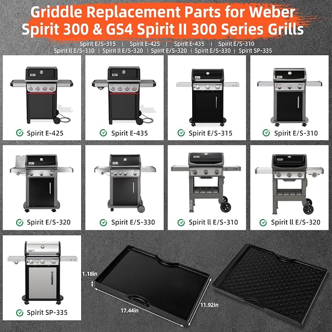 Grill Griddle for Weber Spirit 300 Series | Dual Sided Sear Parts for Spirit II 300,Spirit E/S310 E/S315 320 330 SP320,Spirit 700,Genesis 1000-3500,Gold & Silver B/C Gas
