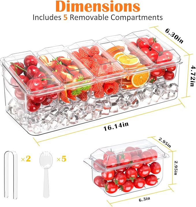 ARSTPEOE Condiment Tray, Chilled Condiment Server, Bar Accessories on Ice | Condiment Caddy for Home, Party and Celebration, Bar Accessories with Removable Trays and Lids (5 Spoons & 2 Tongs)