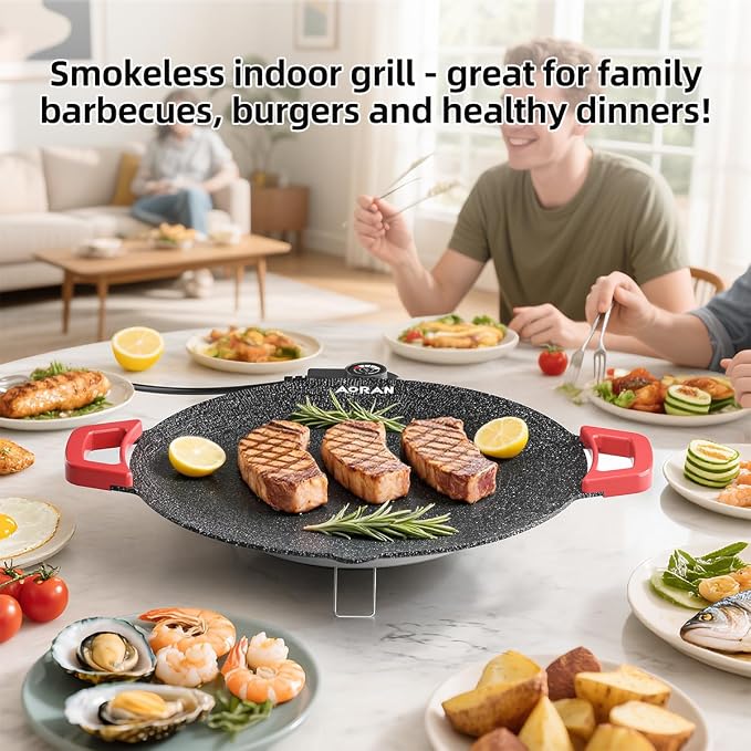 AORAN Indoor Grill Electric Smokeless Set – Nonstick Electric Griddle for Indoor Use, Compact & Versatile Cooking for Steaks, Pancakes & BBQ, Includes Silicone Spatula, Oil Brush & Food Tongs