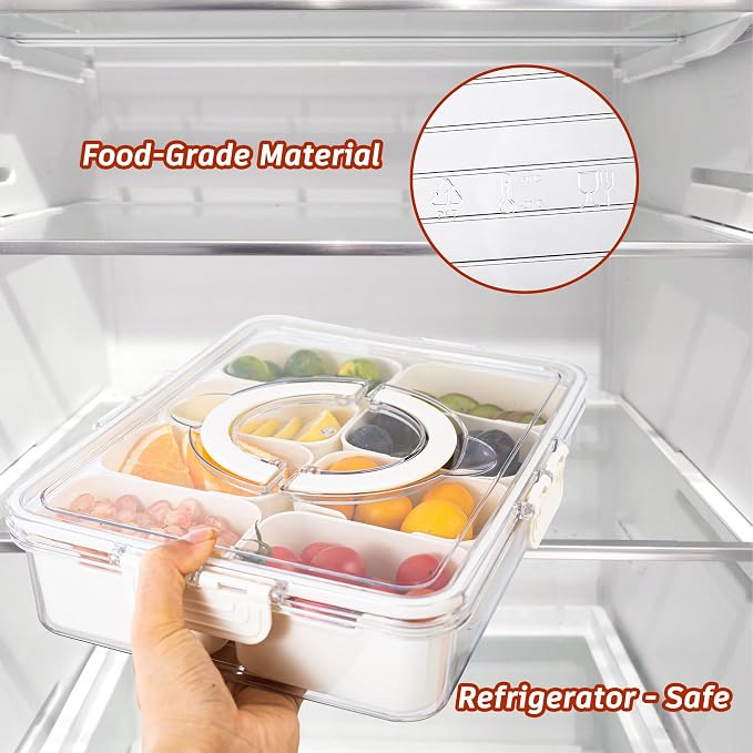 Dingerjar Divided Serving Tray with Lid and Handle - Snackle Box Charcuterie Container for Portable Snack Platters - Clear Organizer for Candy, Fruits, Nuts, Snacks - Perfect for Party, Entertaining