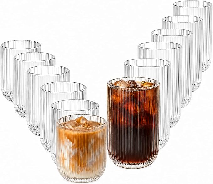 Ribbed Drinking Glasses 12pcs, Rocks Drinking Glasses 12oz and 10oz, Tumbler Glasses Cup Set for Wedding, Party, Christmas Gift, Clear