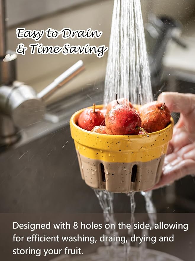 Gomakren Ceramic Berry Bowls with Holes Set of 2 for Fridge Yellow + Brown | Drain holes keep berries fresh, stackable, wash & serve, round strawberry basket for fridge kitchen counter, lovely home gift