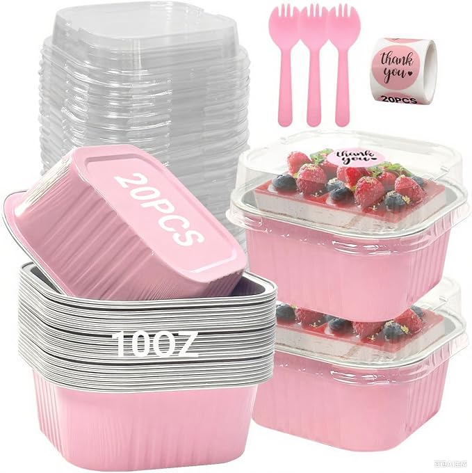 20 Pack 10oz Pink Mini Cake Pans With Lids, Aluminum Foil Square Brownie Baking Cups,Disposable 4”x4” Large Cupcake Pan,Jumbo Muffin Tin Ramekins Holders