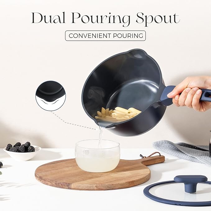 PRICUSIS Ceramic Nonstick Saucepan with Lid, 2 Quart Non Toxic Pot with Pour Spouts, Full Coated, 100% Dishwasher Safe, Induction Compatible, PTFE PFAS & PFOA Free, Blueberry Mist