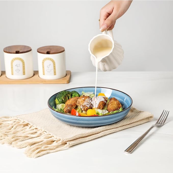 KitchenTour Large Pasta Bowls, 34 Ounce Ceramic Salad Bowl Plates, Set of 6 | Dinner Plate Bowl Set, 8.6 Inch, Wide and Shallow for Soup, Dishwasher and Microwave Safe, Ocean Swirl