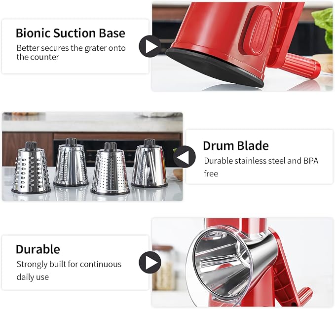 Weltonhm 4 in 1 Large Rotary Cheese Grater Hand Crank (red, 4 Graters) | Cheese Shredder Rotary and Slicer with 4 Stainless Steel Blades for Vegetables, Veggie and Cheese, Stronger Suction Base