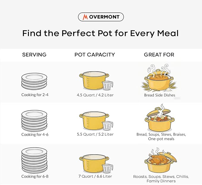 Overmont Enameled Cast Iron Dutch Oven - 5.5QT Pot with Lid Cookbook & Cotton Potholders - Heavy-Duty Cookware for Braising, Stews, Roasting, Bread Baking