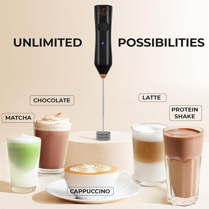 Zulay Kitchen Rechargeable Milk Frother Handheld - Frother Wand, Drink Mixer, Electric Whisk Frother, for Cappuccinos, Matcha & Protein Powder - Dynamic 3 Whisk, 3 Speed 500mAh Black Copper