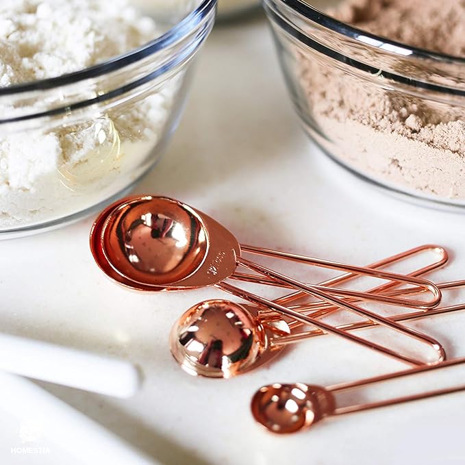 Copper Stainless Steel Measuring Cups and Spoons Set of 8 Engraved Measurements, Pouring Spouts & Mirror Polished for Baking and Cooking Include Magnetic Measurement Conversion Chart by KAISHANE | Engraved measurements, dual pour spouts and magnetic co...
