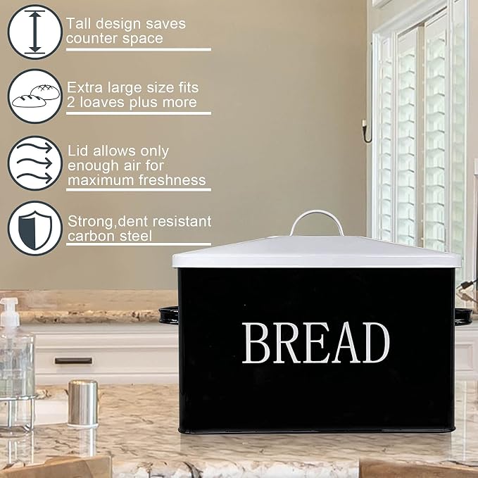 SOTECH Metal Bread Box For Kitchen Countertop,black bread box for kitchen countertop for Homemade Bread Farmhouse Style Bread Bin-Kitchen Food Bread Storage Container